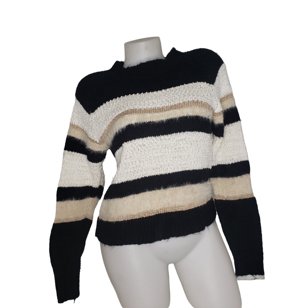 FOREVER 21 Black White Tan and Gold Multi-Yarn Striped Sweater Size Small